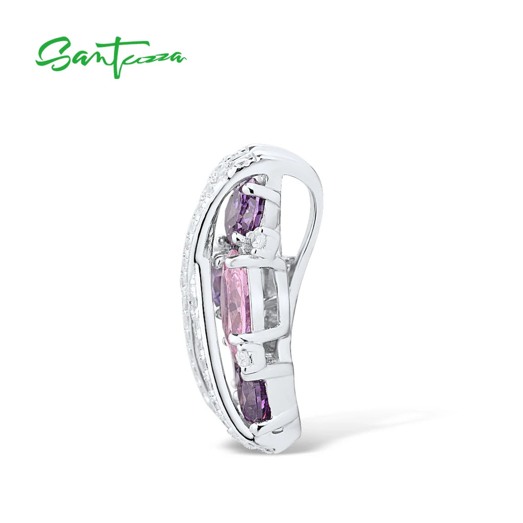 SANTUZZA Pure 925 Sterling Silver Pendant For Women Sparkling Pink Amethyst Cubic Zirconia Elegant Party Trendy Fine Jewelry