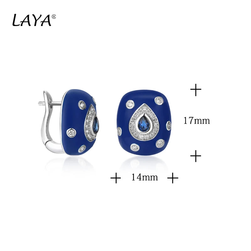 925Sterling Silver Fashion Retro Style High Quality Zircon Synthetic Crystal Blue Enamel Clip Earrings For Women Classic Jewelry