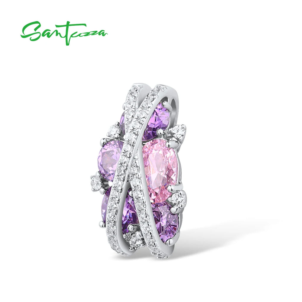 SANTUZZA Pure 925 Sterling Silver Pendant For Women Sparkling Pink Amethyst Cubic Zirconia Elegant Party Trendy Fine Jewelry