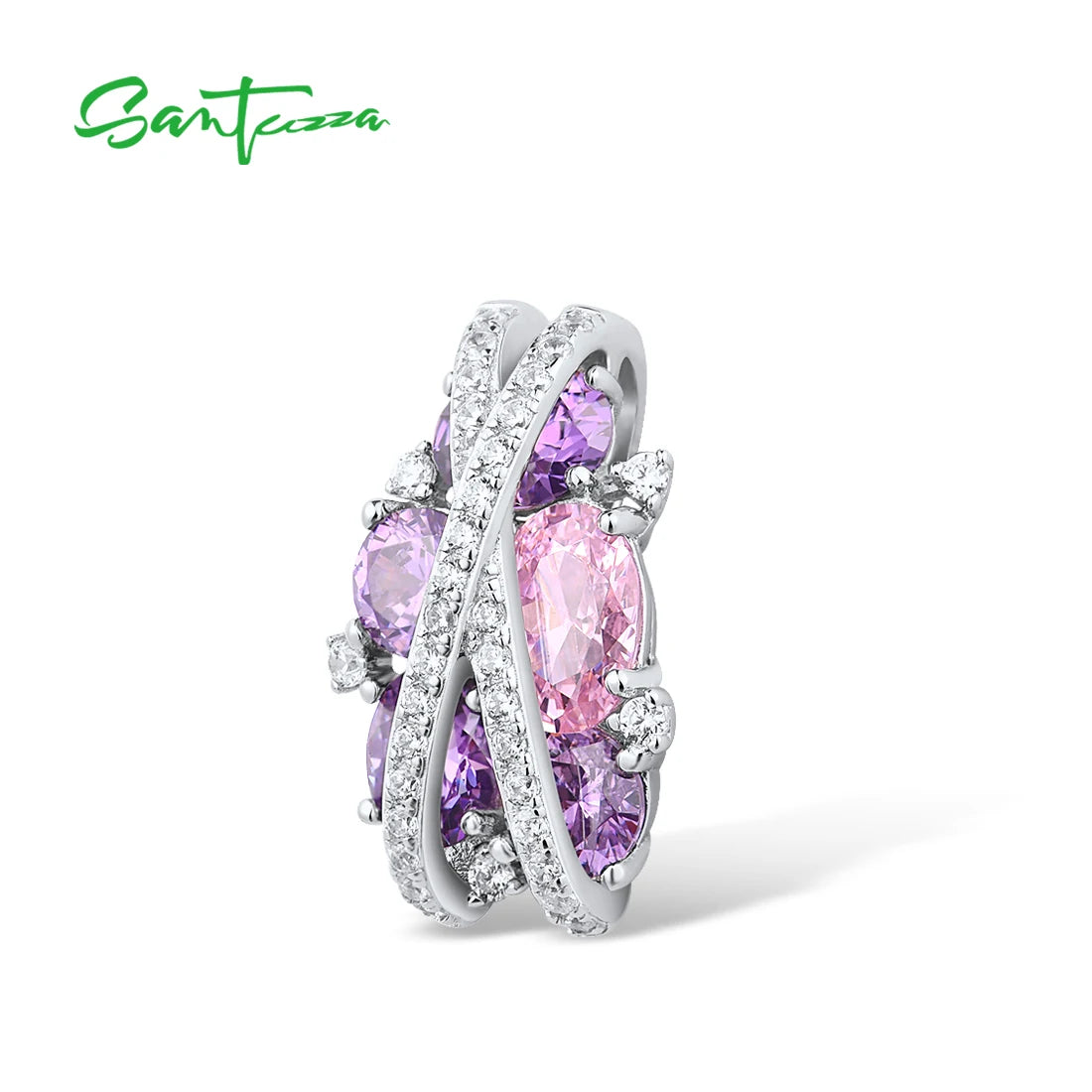SANTUZZA Pure 925 Sterling Silver Pendant For Women Sparkling Pink Amethyst Cubic Zirconia Elegant Party Trendy Fine Jewelry