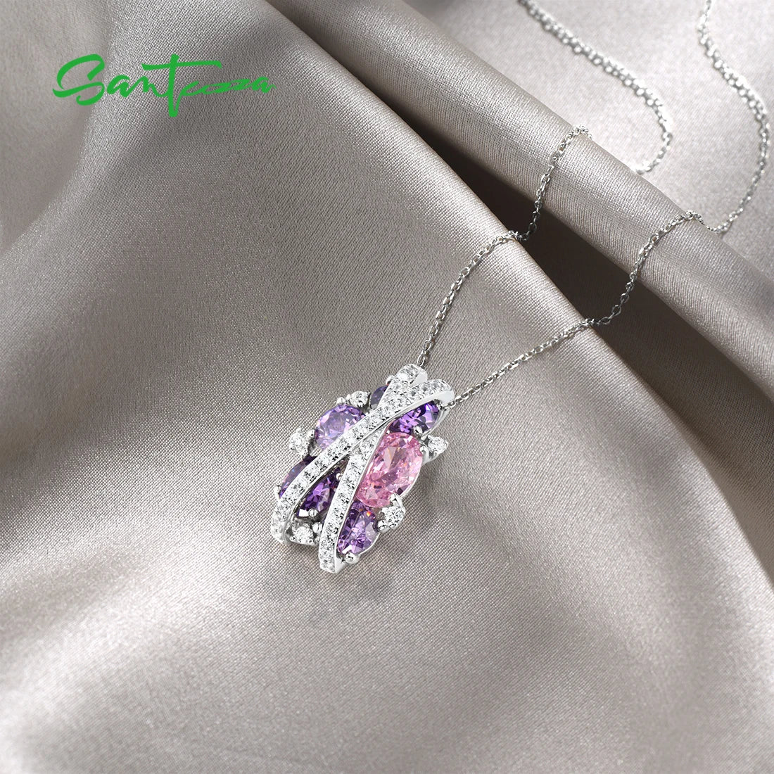 SANTUZZA Pure 925 Sterling Silver Pendant For Women Sparkling Pink Amethyst Cubic Zirconia Elegant Party Trendy Fine Jewelry