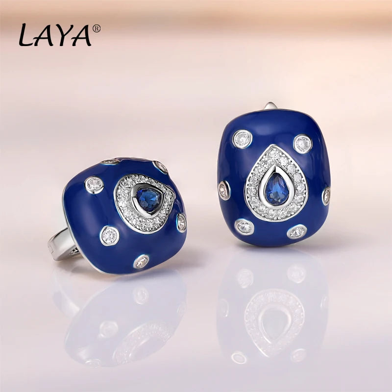 925Sterling Silver Fashion Retro Style High Quality Zircon Synthetic Crystal Blue Enamel Clip Earrings For Women Classic Jewelry