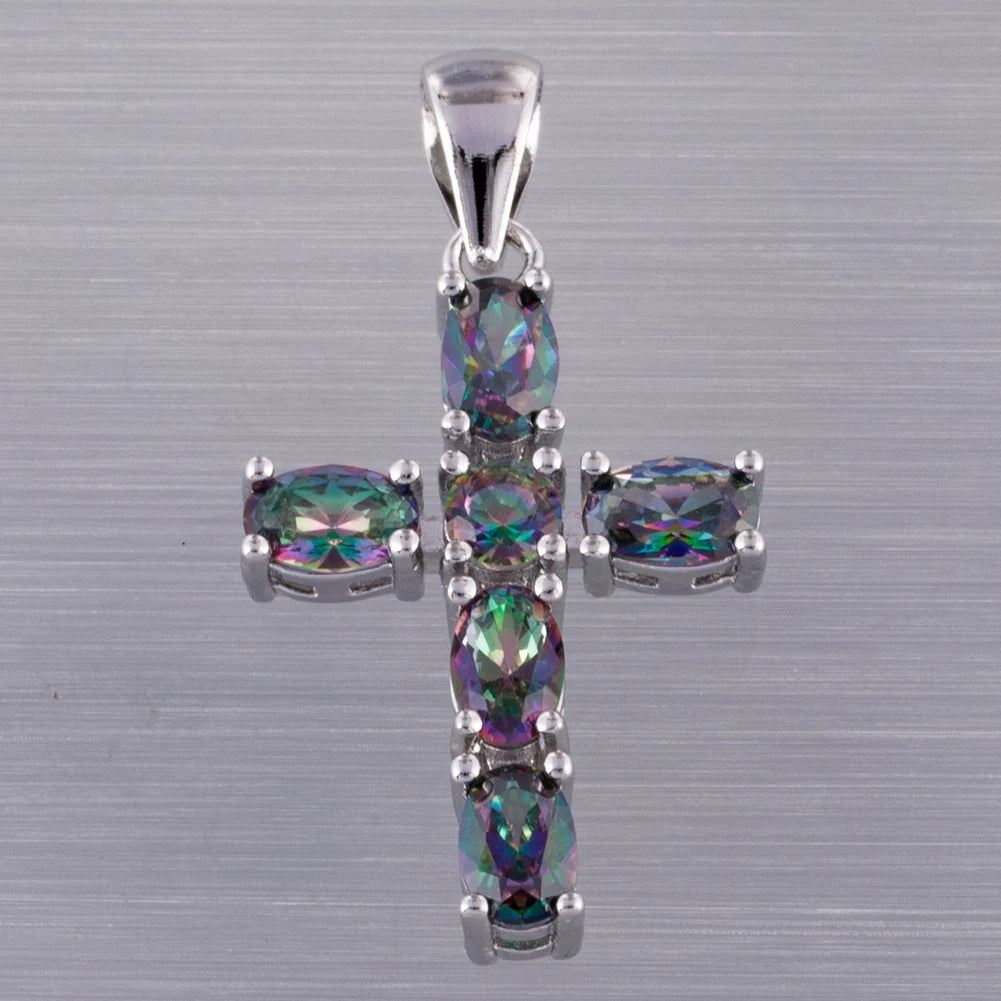 KONGMOON Latin Cross 4x6mm Oval Mystic Rainbow Stone Jewelry for Women Pendant for Necklace