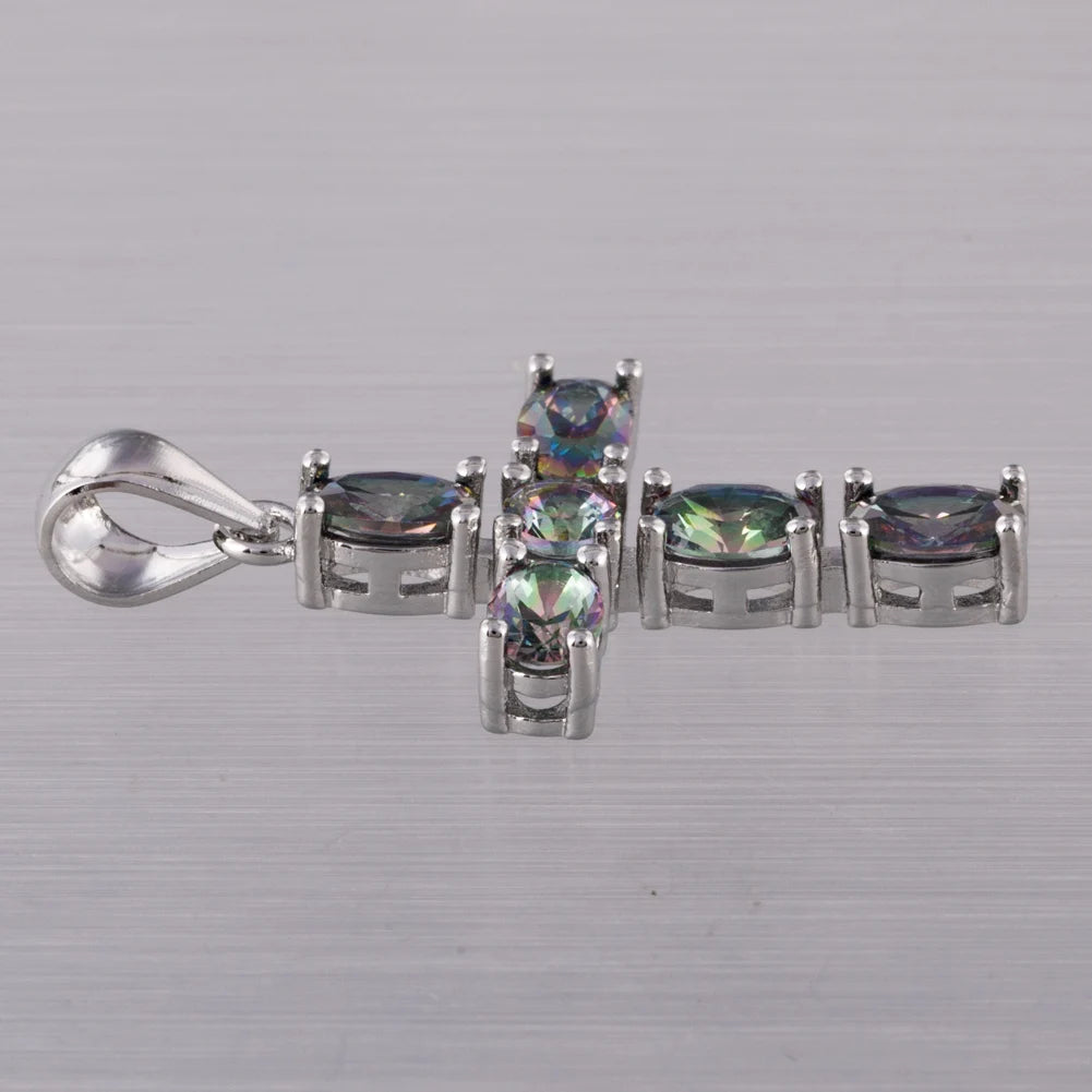 KONGMOON Latin Cross 4x6mm Oval Mystic Rainbow Stone Jewelry for Women Pendant for Necklace