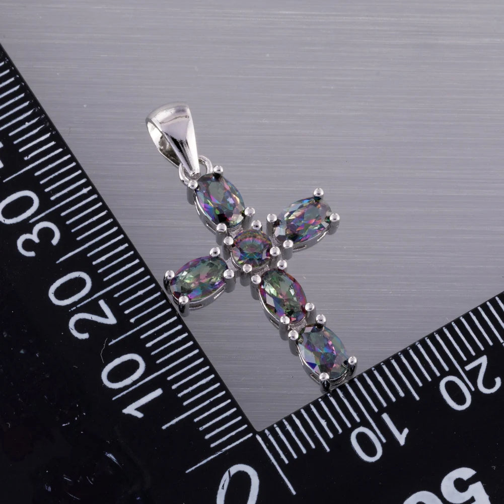 KONGMOON Latin Cross 4x6mm Oval Mystic Rainbow Stone Jewelry for Women Pendant for Necklace