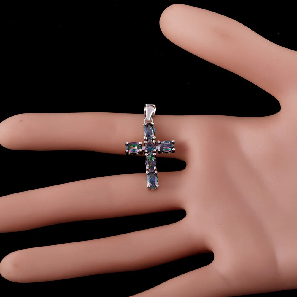 KONGMOON Latin Cross 4x6mm Oval Mystic Rainbow Stone Jewelry for Women Pendant for Necklace