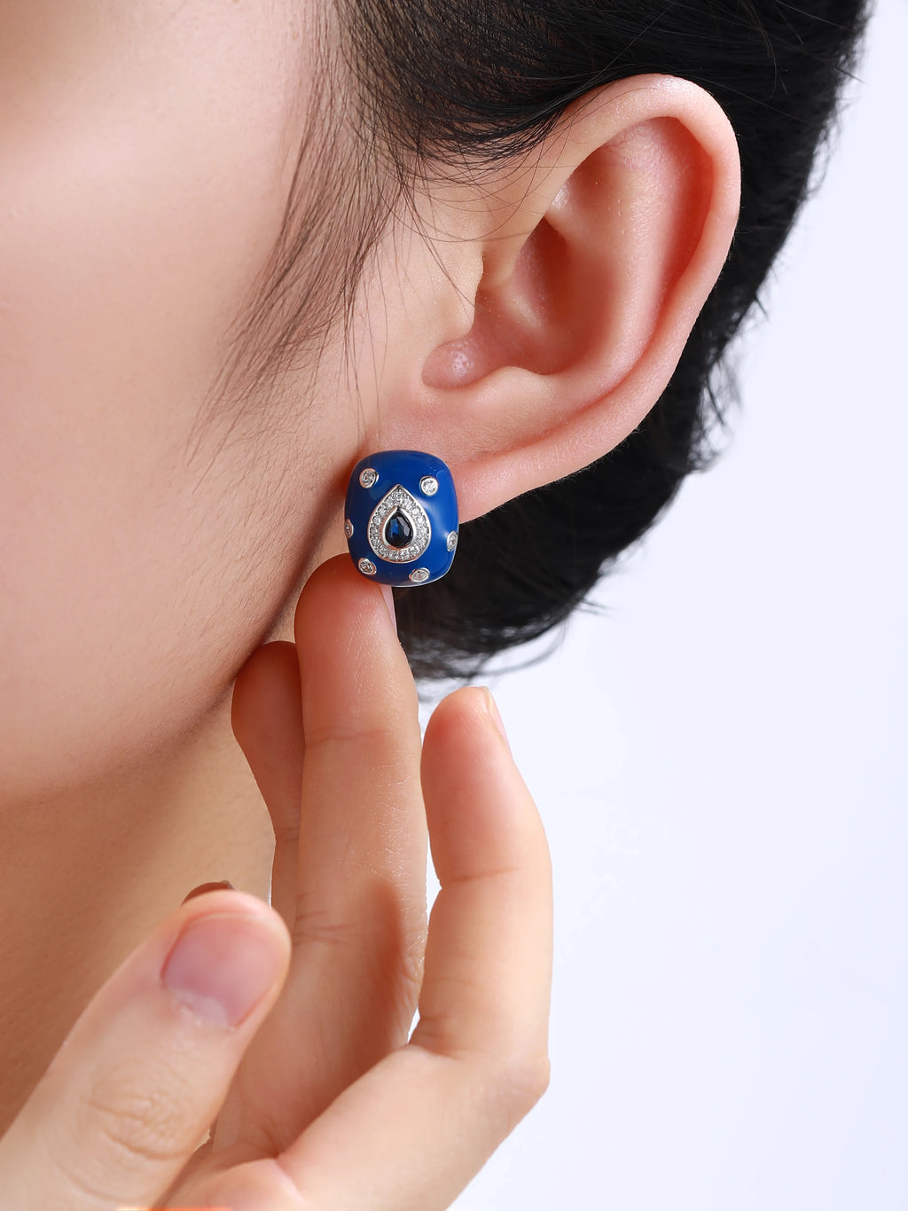 925Sterling Silver Fashion Retro Style High Quality Zircon Synthetic Crystal Blue Enamel Clip Earrings For Women Classic Jewelry