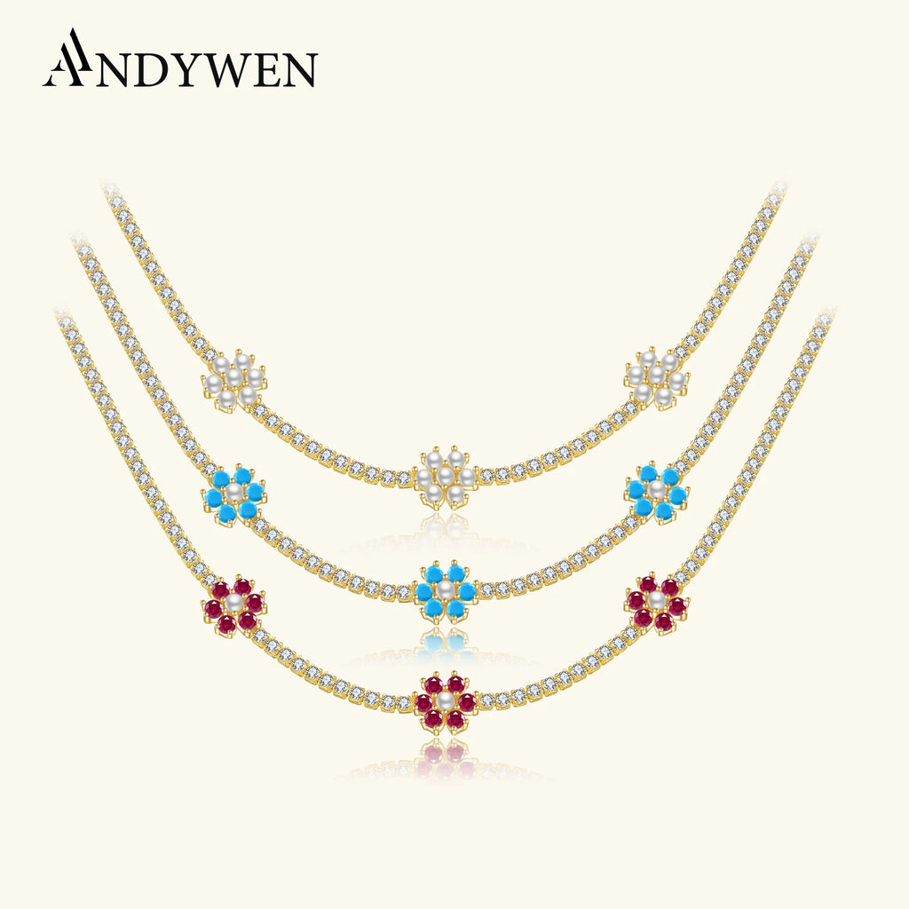 ANDYWEN 100% 925 Sterling Silver Gold Flower Rainbow Choker Necklace 2021 Women Zircon CZ Chian Luxury Party Wedding Jewelry
