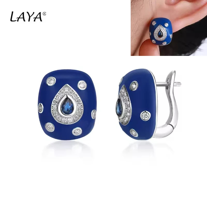 925Sterling Silver Fashion Retro Style High Quality Zircon Synthetic Crystal Blue Enamel Clip Earrings For Women Classic Jewelry