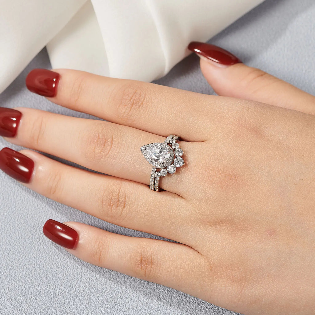 Newshe 1.5 Ct Halo Pear Cut 925 Silver Engagement Ring Set for Women Cambered Wedding Band High Grade Cz Luxury Bridal Jewelry