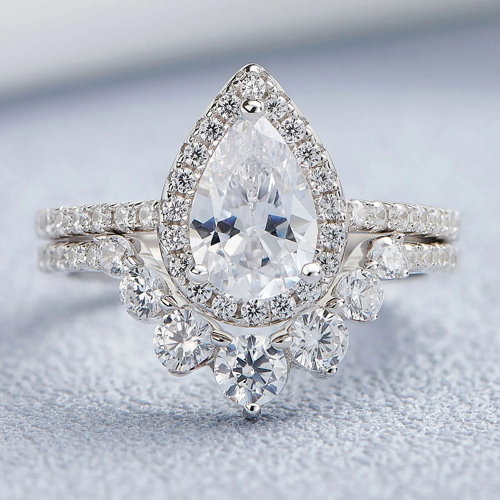 Newshe 1.5 Ct Halo Pear Cut 925 Silver Engagement Ring Set for Women Cambered Wedding Band High Grade Cz Luxury Bridal Jewelry