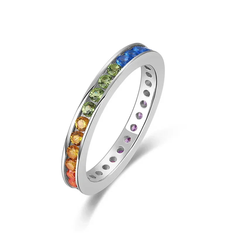 ALLNOEL 100% 925 Sterling Sliver Eternity Finger Rings for Women Rainbow Zircon Colorful CZ Engagement Wedding Band Jewelry Gift