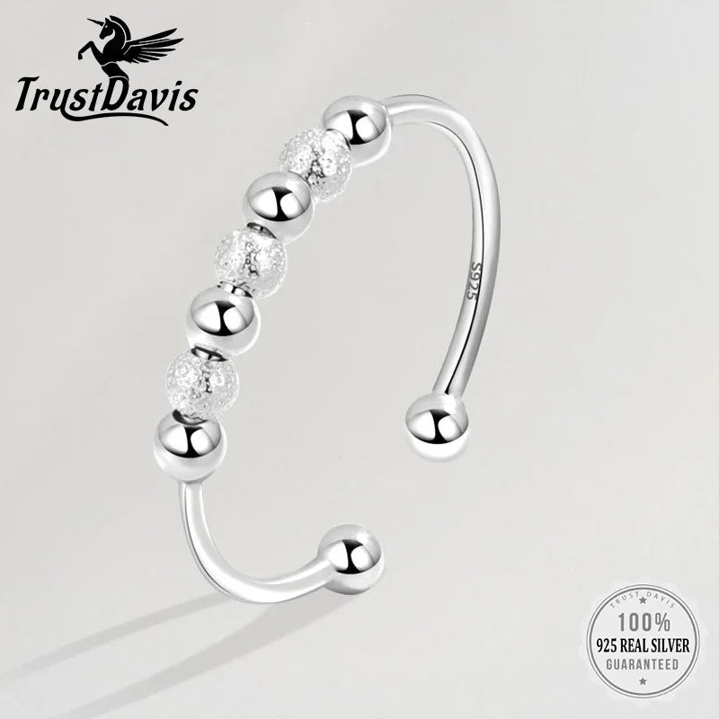 TrustDavis Real 925 Sterling Silver Fashion Minimalist Rotating Beads Opening Rings For Women Party Fine Jewelry Gift DG0099