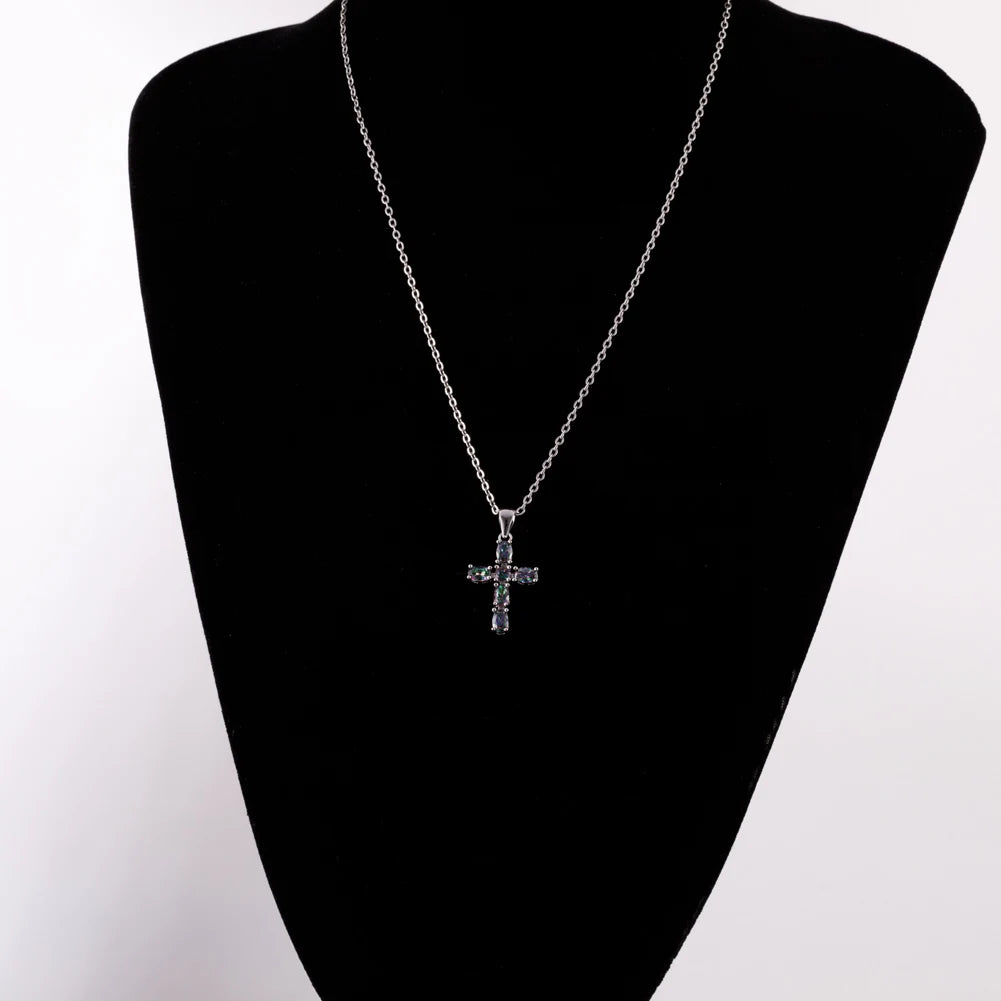 KONGMOON Latin Cross 4x6mm Oval Mystic Rainbow Stone Jewelry for Women Pendant for Necklace