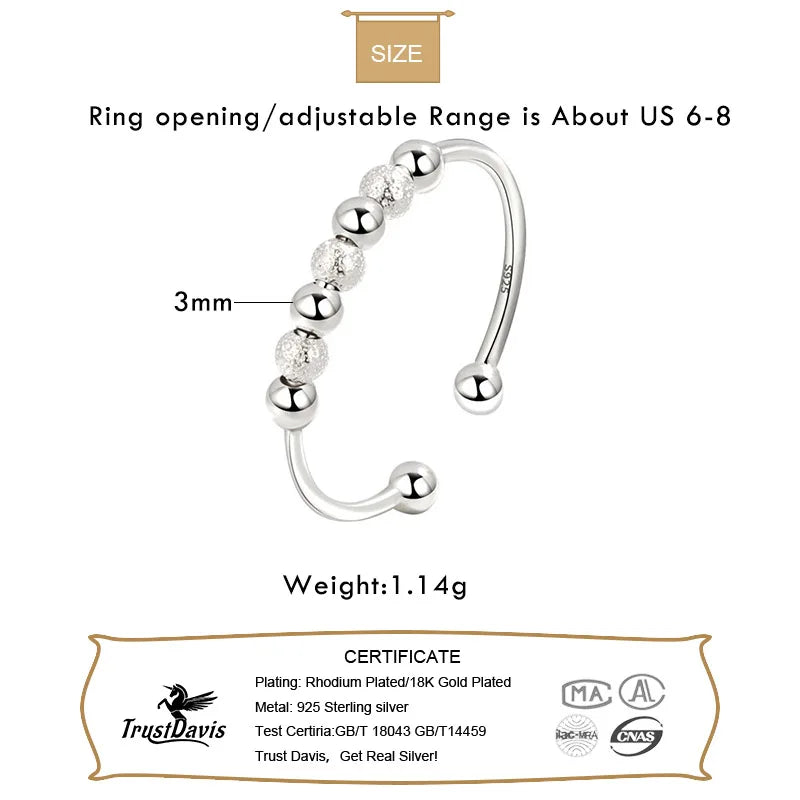 TrustDavis Real 925 Sterling Silver Fashion Minimalist Rotating Beads Opening Rings For Women Party Fine Jewelry Gift DG0099